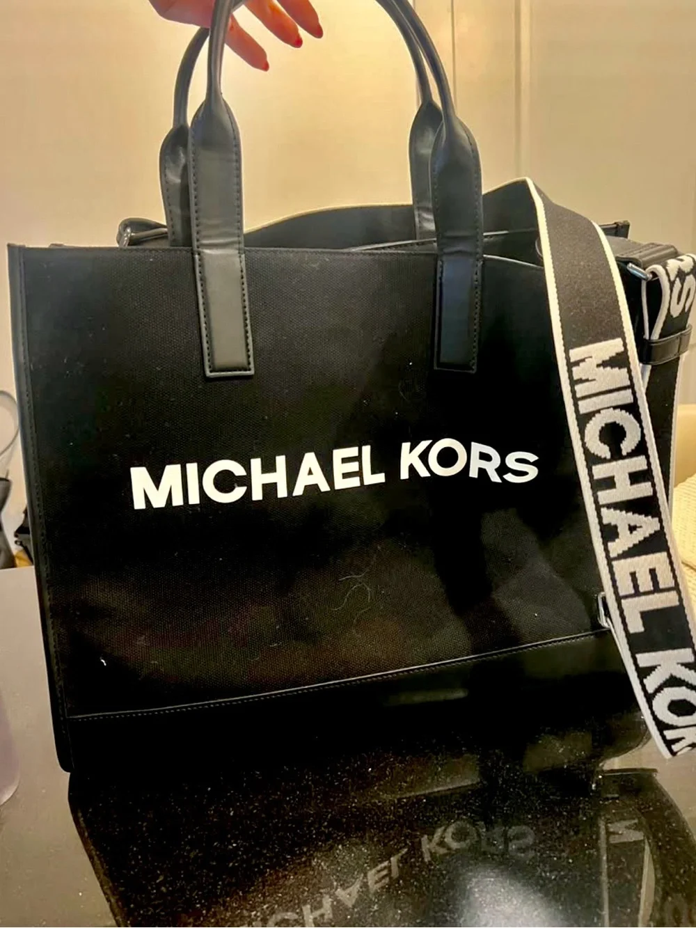 Michael Kors Black Tote with White Logo and Strap